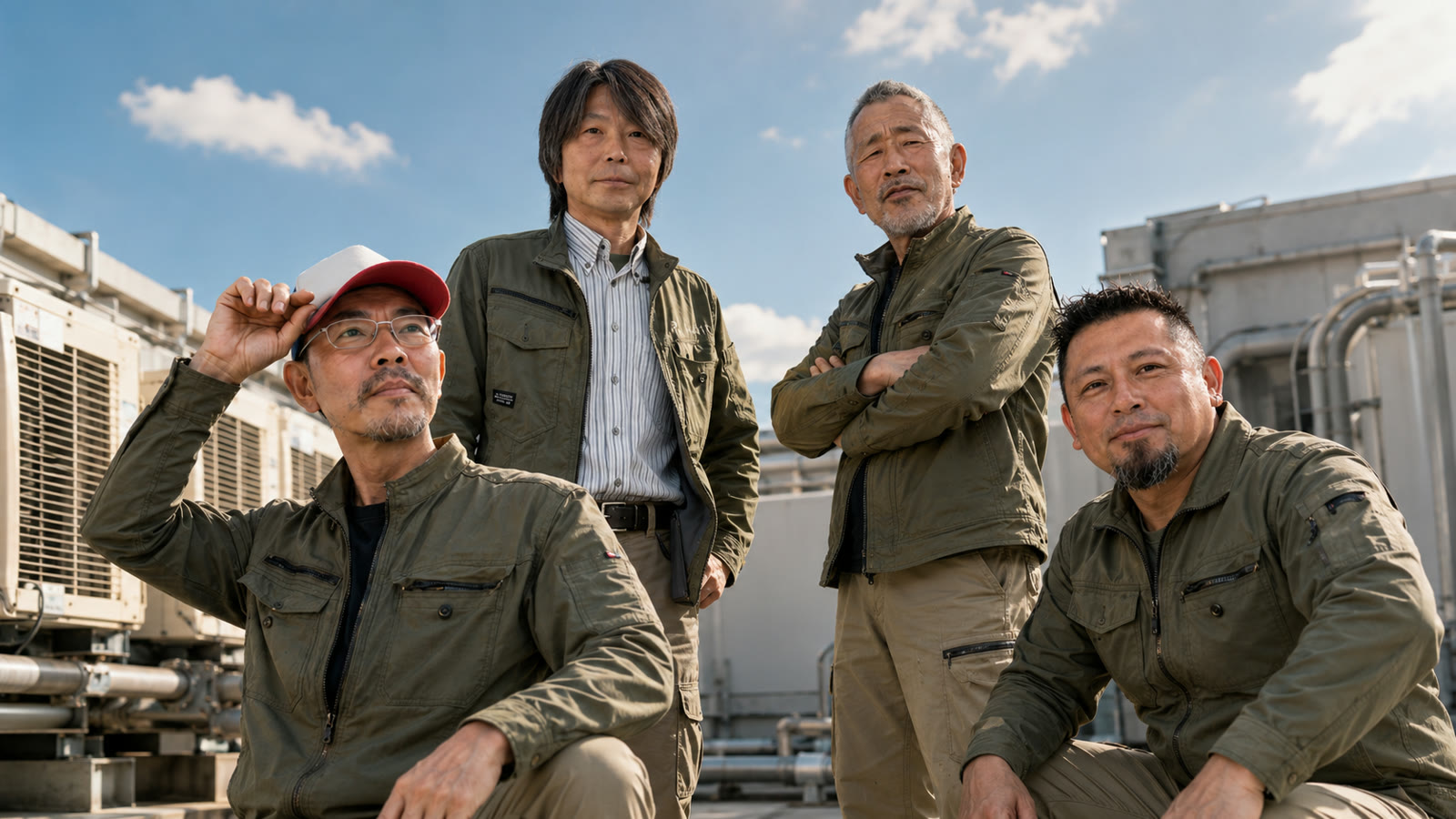 屋上の空調設備前に立つnexottの職人チーム